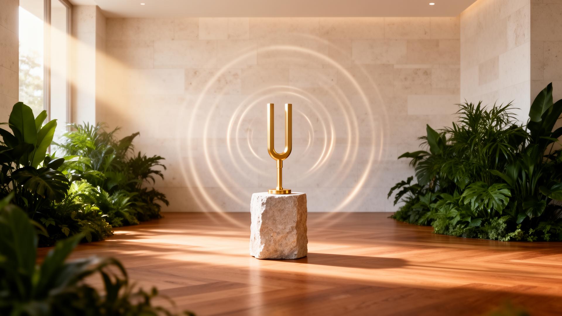 Balance Body Hub interior with a golden tuning fork on stone