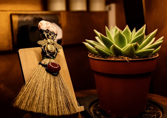 Crystal broom and succulent detail
